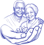 An elderly couple lovingly held in the palm of a hand