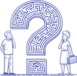 A confused elderly couple looking at a complex maze