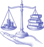 A balanced scale with money on one side and ledgers and documents on the other side