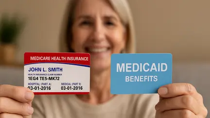 Senior holding separate Medicare and Medicaid cards.