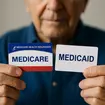 Senior holding separate Medicare and Medicaid cards.