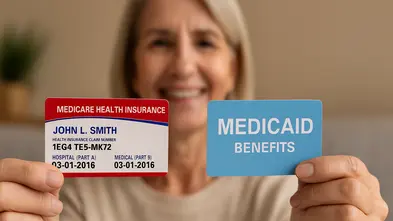 Senior holding separate Medicare and Medicaid cards.