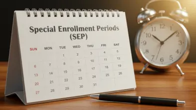 Calendar titled 'Special Enrollment Periods' with a clock on a desk.